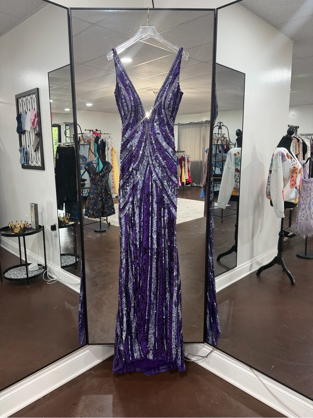 Sherri Hill Purple Sequin V-Neck Evening Gown with Silver Stripes